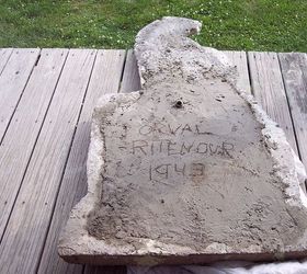 restoring a 65 year old cement statue, crafts, diy, how to, We let it dry for 24 hours before we set him up I wasn t sure of the date so I wrote 1943 It was probably 1945 or 1946 I was only 5 then