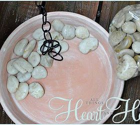 diy rain chain, flowers, gardening, outdoor living, Add river rocks to the saucer to make a beautiful basin