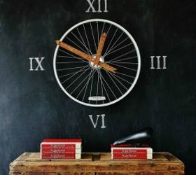 bicycle wheel clock, chalkboard paint, crafts, repurposing upcycling, I hung the bike wheel on the chalkboard wall and added roman numerals