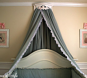 diy bed crown crib canopy tutorial, bedroom ideas, diy, home decor, how to, painted furniture, repurposing upcycling, How to turn a vintage shelf and set of queen sheets into a Bed Crown and Canopy