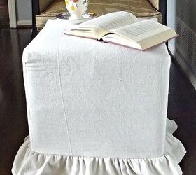ottoman slipcover, painted furniture, reupholster, ruffled slipcover for a cube ottoman