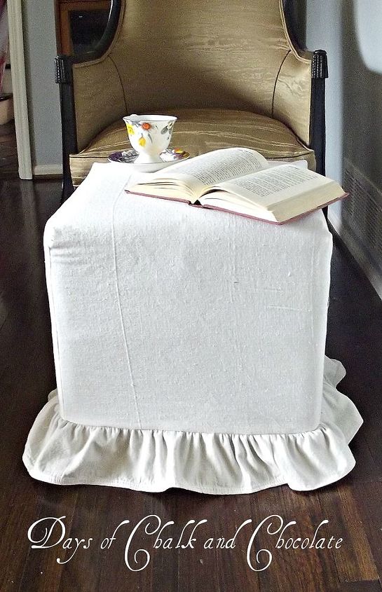 ottoman slipcover, painted furniture, reupholster, ruffled slipcover for a cube ottoman
