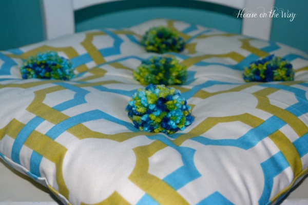 diy pom pom chair cushion, crafts, painted furniture, Pom pom detail was added at the tufts of the cushion