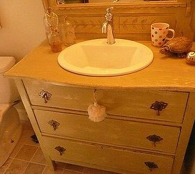 restored beach cottage bathroom, bathroom ideas, home decor, This old dresser has been converted to a vanity It was my first selection for the bath and all other materials were selected to compliment the color and style vintage cottage in a soft green shabby finish
