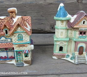 thrifted spray painted snow village, painting, seasonal holiday decor, They are ceramic bisque finish and by various manufacturers
