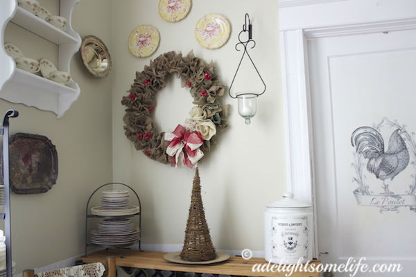 how to make a burlap christmas wreath from coffee sacks, christmas decorations, crafts, seasonal holiday decor, wreaths, Christmas vignette in the French Farmhouse kitchen