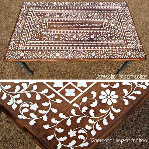 indian inlay stenciled tabletop, home decor, painted furniture, Final photos of the Indian Inlay Stenciled Table