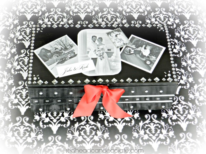 diy keepsake box, crafts, I painted it black then added self adhesive crystals from Michael s The photos I printed in black white and used wallpaper seam repair to adhere them to the box that s what I had on hand