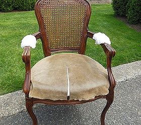 how to upholster a french chair, painted furniture, reupholster, Chair before Nailhead trim removed and fabric on arms removed