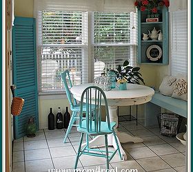 cottage breakfast nook, home decor, kitchen design, shelving ideas, Aqua white red and yellow accents all come together to give this breakfast nook the perfect cottage feel