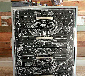 faux zinc metal cabinet makeover, chalkboard paint, crafts, kitchen cabinets, Chalked design and labels drawn onto the chalkboard painted drawers