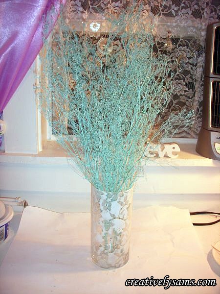 lace7y vases, crafts, I put some aqua glitter baby breath in the vase and it looks so airy feminine I love the way it turned out I might have to try this with some colored paint next
