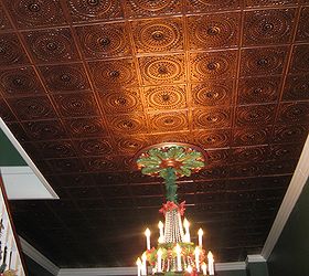 from boring ceiling to beautiful ceiling in a few hours, home decor, tiling, Project Complete with Chandelier hung and some visitors say it looks like real Copper but it is Plastic Vinyl