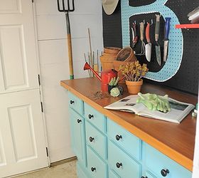 potting shed with artistic details and recycled details, gardening, painted furniture, You won t believe what the countertop and the cabinets are made of