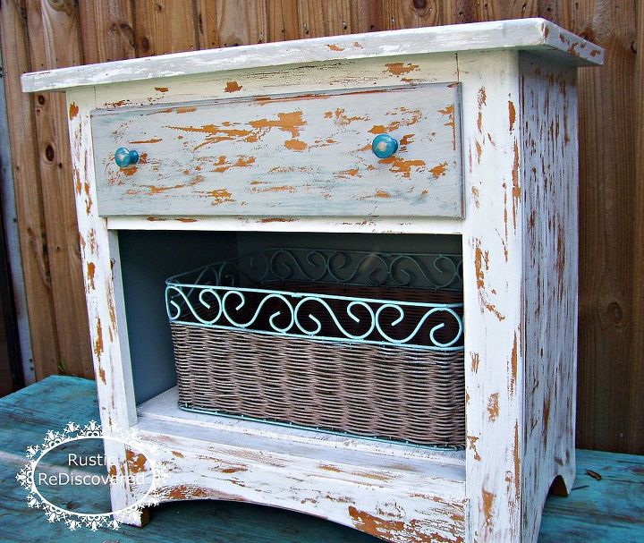 chippy nightstand makeover, painted furniture, rustic furniture, A chippy makeover with basket storage