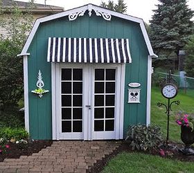 my backyard shed gets a much needed makeover, outdoor living, painting, Here is my finished product It is not a tennis club Total cost was only 40 I made the awning out of a tarp and masking tape and furring strips Such a difference for a little effort and money