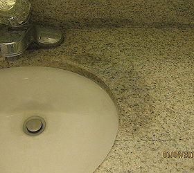 q bathroom granite counter tops, countertops, home maintenance repairs, The water stain comes from underneath