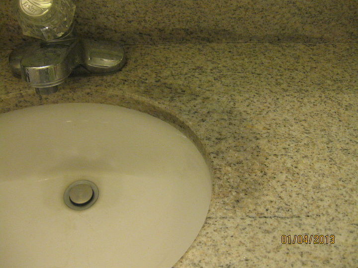 q bathroom granite counter tops, countertops, home maintenance repairs, The water stain comes from underneath