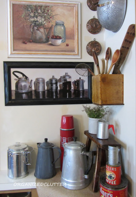 an organized clutter home tour, home decor, Kitchen with vintage utensils and coffee pots