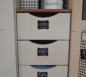 my decorated and organized computer armoire workstation, craft rooms, home office, organizing, I added small wooden plaques purchased at the craft store to the file drawers I sprayed them with chalkboard paint to make labels