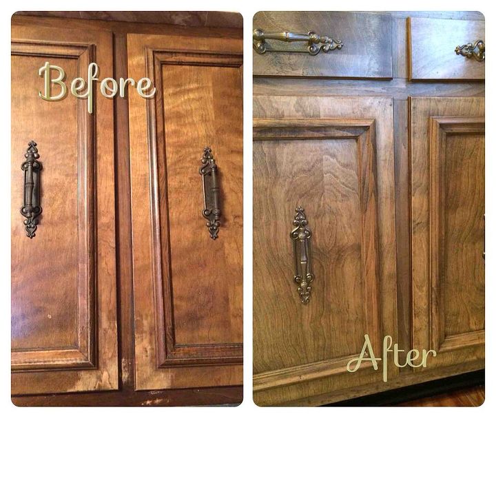 kitchen cabinet redo, kitchen cabinets, painting, My kitchen cabinets in my rental The cabinet in my rental look horrible I don t want to invest in a lot of money since it s a rental so I set out to find a cheap redo I stripped the old finish to find beautiful stained wood I took the hardware off and my husband took them to work and sandblasted the old finish off then I spray painted them I used Briwax to seal them instead of putting money into varnish since I don t own the house I m happy with the results