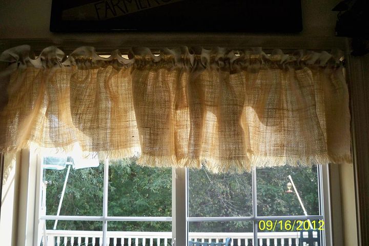 burlap window valance no sew but lots of paint, painting, reupholster, window treatments, Started out w just a plain burlap window valance