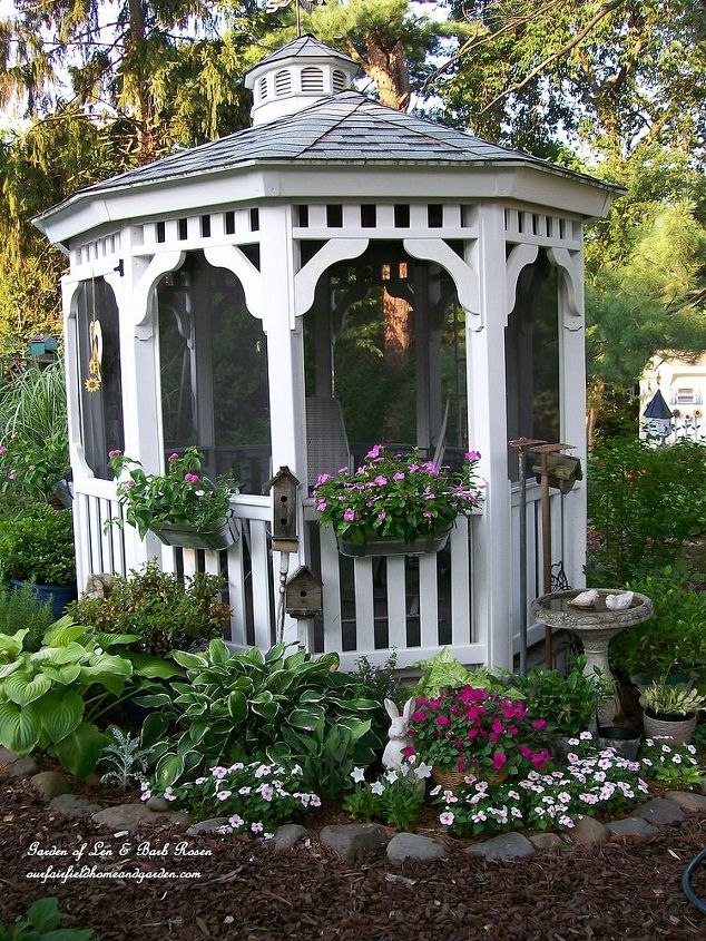 gazebo garden, container gardening, flowers, gardening, outdoor living, Added IKEA hanging window boxes to our gazebo to bring flower color up off the ground level See more of our garden at or