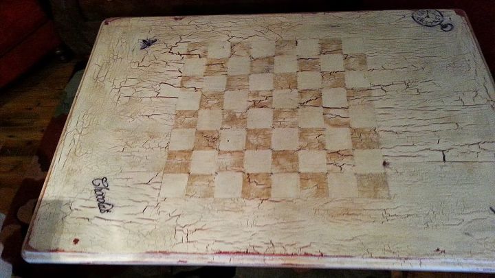 poor old table, painted furniture, I glazed the entire top with a dark chocolate glaze I added a painted chess board in the center
