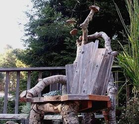 a rustic cabin chair with flying finials, diy, repurposing upcycling, seasonal holiday decor, woodworking projects, The rustic redwood and oak branch garden chair