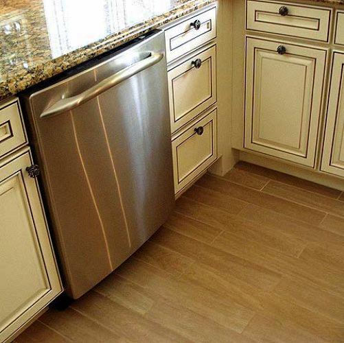 traditional kitchen decor, countertops, flooring, kitchen backsplash, kitchen cabinets, kitchen design, Porcelain floors that look like wood for durability