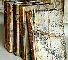 upcycled trashed books to look like antique treasures, home decor, painting, repurposing upcycling, I tied each book with a piece of kitchen twine and added a little more El Dorado Gold on the high points for some extra shimmer