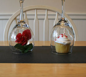 diy valentine s day table, painted furniture, seasonal holiday decor, valentines day ideas, Place a flower or cupcake under each wine glass dome