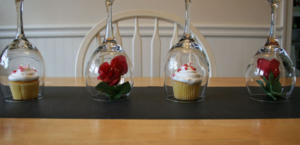 diy valentine s day table, painted furniture, seasonal holiday decor, valentines day ideas, Place a flower or cupcake under each wine glass dome