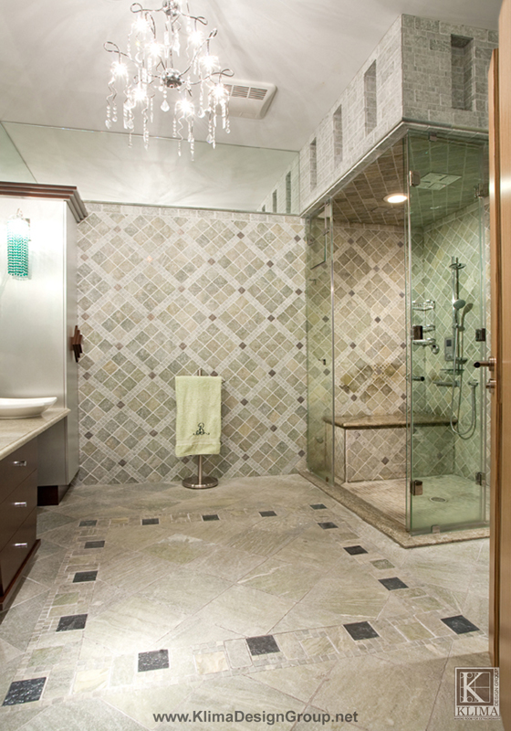 modern master bathroom, bathroom ideas, home decor, The illusion of complexity of the bathroom tile designs on the walls and the floor are created by manipulation of two tiles and two accessories metal and glass inserts