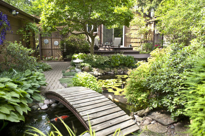 add a bridge to your pond or landscape, outdoor living, ponds water features, An arched bridge hints at a Japanese inspired design theme for the water garden