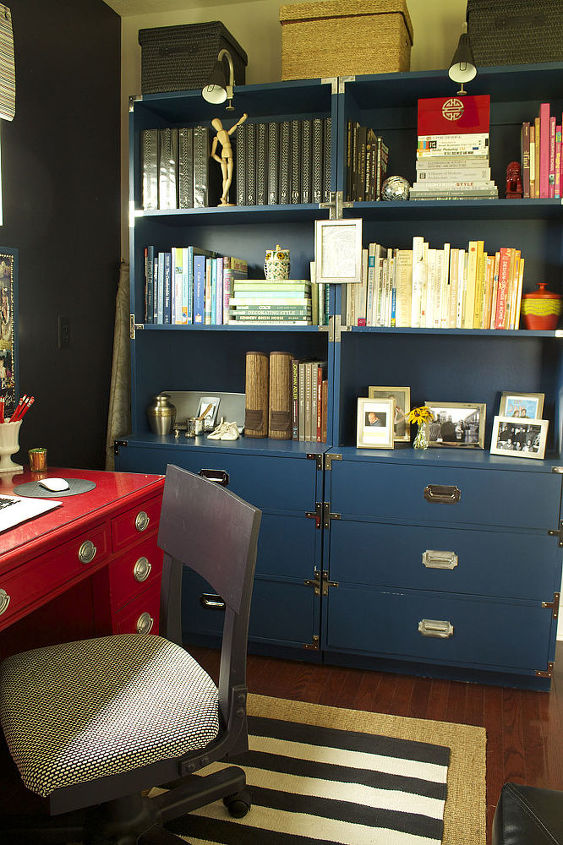 my home office, craft rooms, home decor, home office, repurposing upcycling, storage ideas, My pride and joy my blue campaigner bookshelves I found at a second hand thrift shop