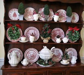 a farmhouse christmas in the dining room, christmas decorations, seasonal holiday decor, wreaths, More transferware and greenery are on the hutch
