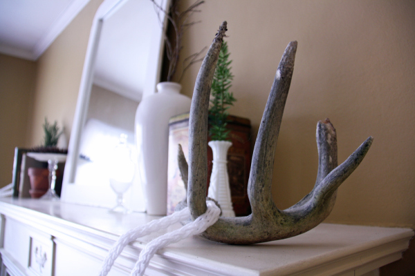 nature inspired mantle display, fireplaces mantels, home decor, I love using these antlers on my mantle They re also handy for holding up the garland