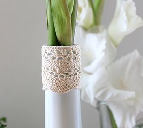 recycle a wine bottle into a pretty vase, crafts, repurposing upcycling, Add some pretty details like a matching lace trim