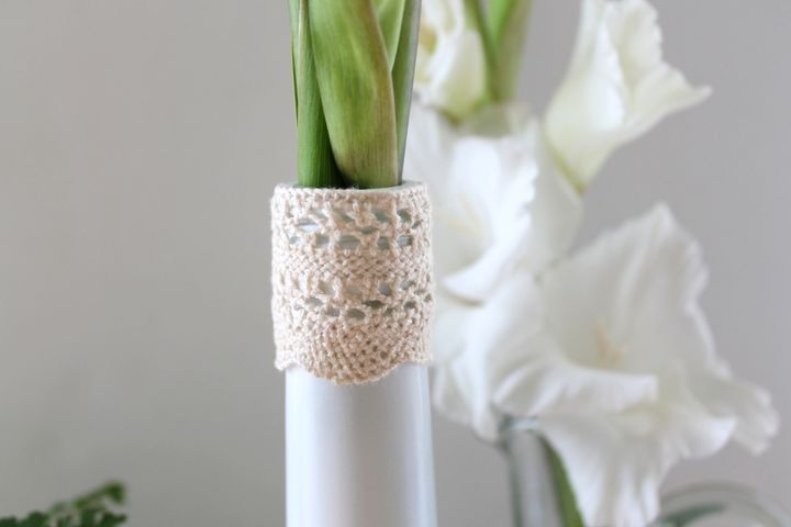 recycle a wine bottle into a pretty vase, crafts, repurposing upcycling, Add some pretty details like a matching lace trim