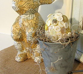 a book page easter bunny, crafts, decoupage, The next morning some of the blue showed through in a few spots so I added a few more pieces of paper Here he is with one of my button eggs