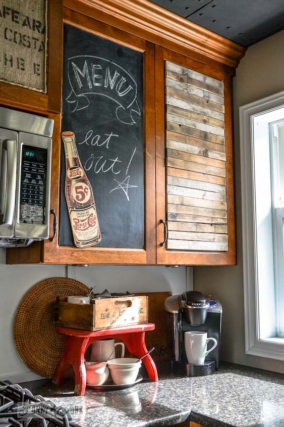 waking up sleepy kitchen cupboards with junk, crafts, home decor, kitchen design, repurposing upcycling, These junky cupboards couldn t have been easi