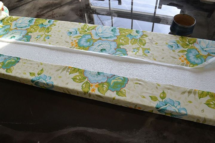 curtains amp styrofoam cornice boards, home decor, reupholster, window treatments, Wrap the Styrofoam like a present and use pins to secure it