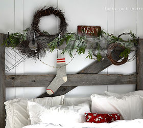 decking the halls on a horse gate headboard, bedroom ideas, christmas decorations, seasonal holiday decor, The headboard indeed tells a story this season it s wintery cold outside so make sure you have plenty of blankets which got changed out to white for the season
