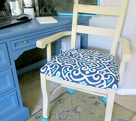 turn an ordinary dining chair into a desk chair with casters, painted furniture, Added freshly painted turquoise casters to this ordinary dining room chair Ready for Back to School