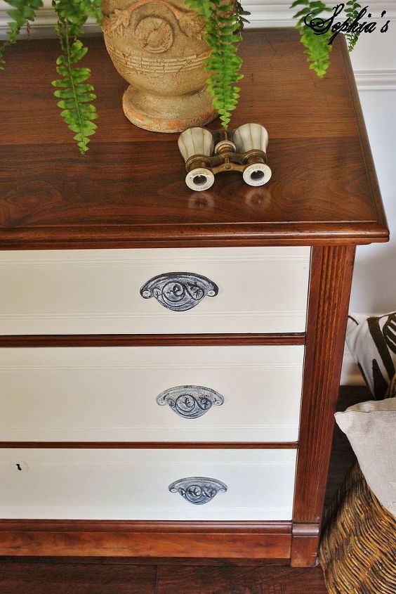 wood white dresser and milk paint dining table makeovers, chalk paint, painted furniture, Old White Chalk Paint was used on the drawers with new hardware from Hobby Lobby that I dry brushed with Old White paint