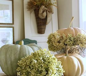 simple pumpkin and hydrangea arrangement, crafts, flowers, gardening, hydrangea, seasonal holiday decor, Add a couple more pastel pumpkins and another hydrangea bloom