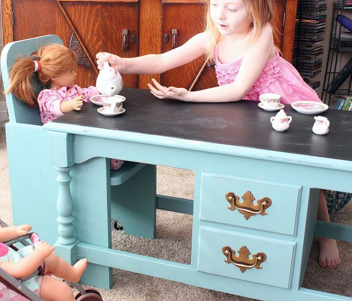 a coffee table re purposed into a kids table, painted furniture, Fun tea party with friends