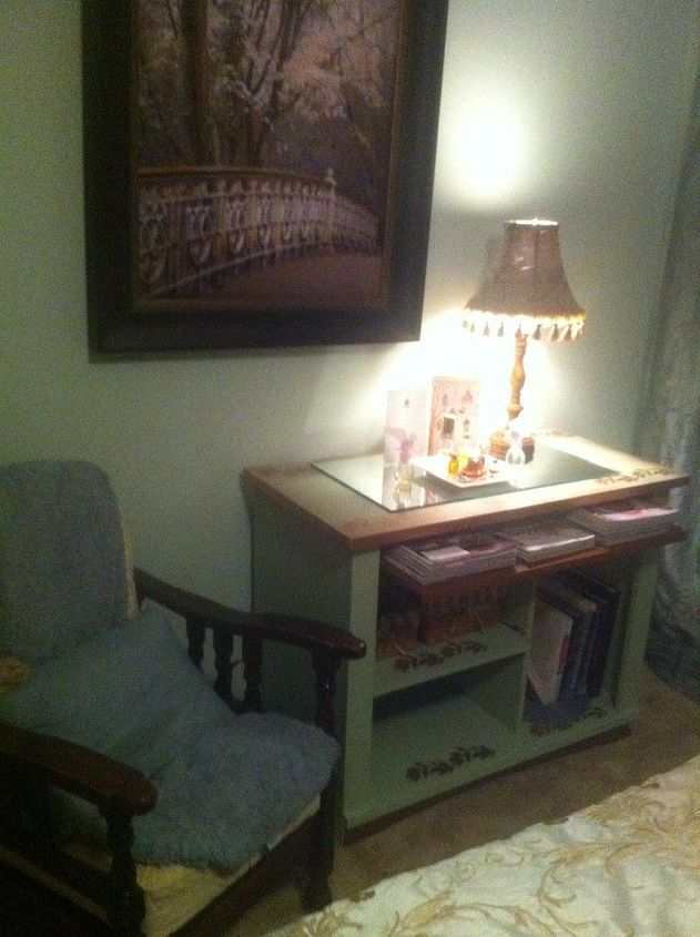 repurposing an old computer cart, painted furniture, Moved to my reading corner in my bedroom and added lighting and a mirror Then added my favorite little bottles of perfume and added all my reading material Think I need to switch sides so the lamp will be over my shoulder