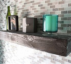 diy glass tile accent wall in master bathroom, bathroom ideas, home decor, tiling, A view of the pallet wood shelf among the tile